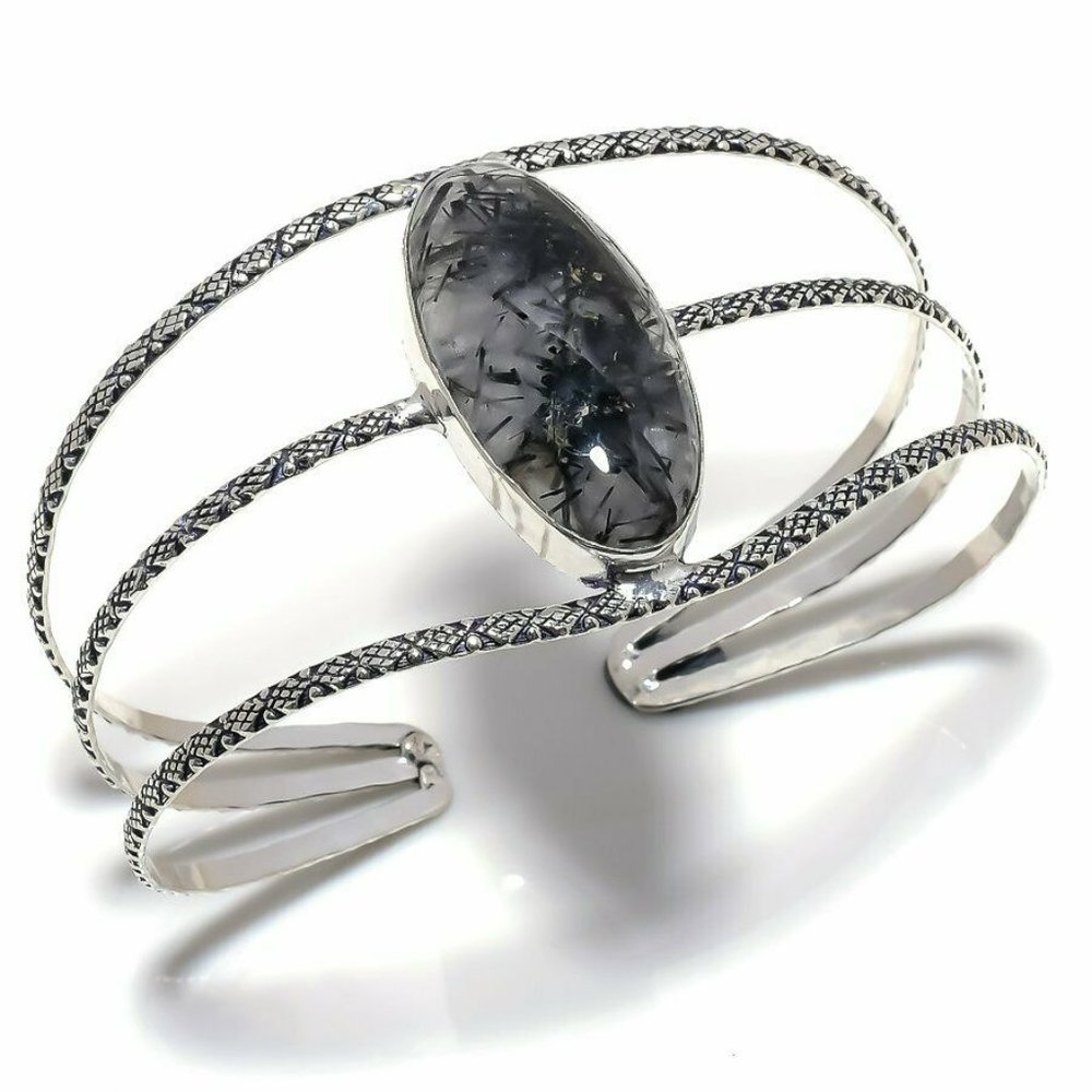 Handmade Black Rutile Gem 925 Bangle